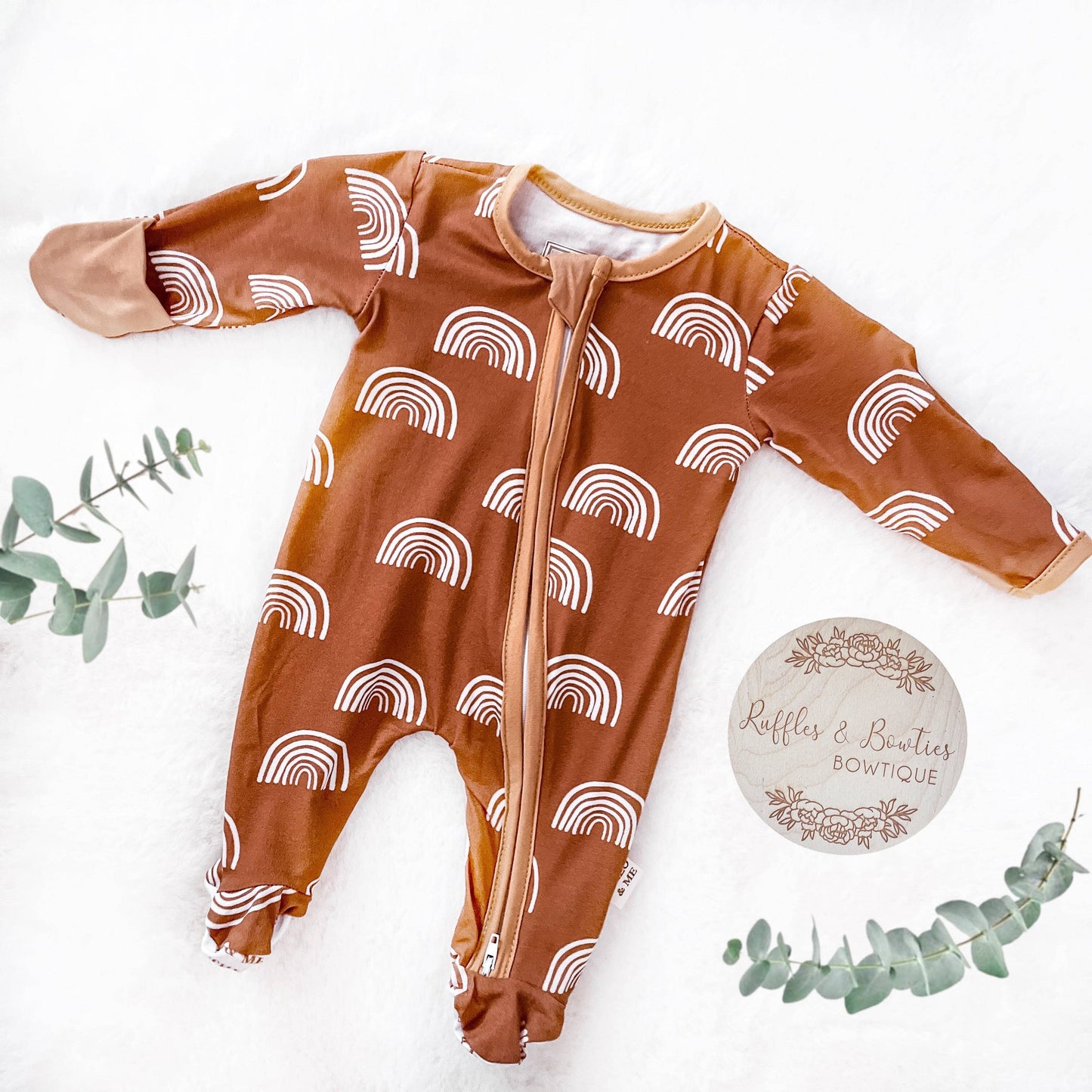 Baby Neutral Printed Bamboo Zippies - Rust w White Rainbows