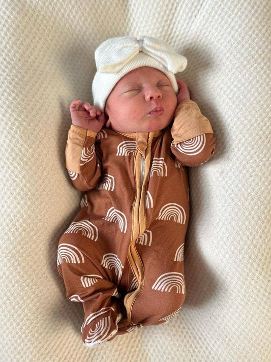 Baby Neutral Printed Bamboo Zippies - Rust w White Rainbows